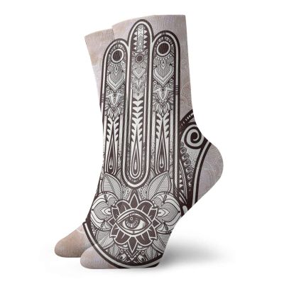 Hamsa Fashion Compression Socks,Eastern Asian Culture Esoteric Good Luck,Performance Polyester Cushioned Athletic Crew Socks for Running,Athletic,Cinnamon Dark Brown White -12 inch