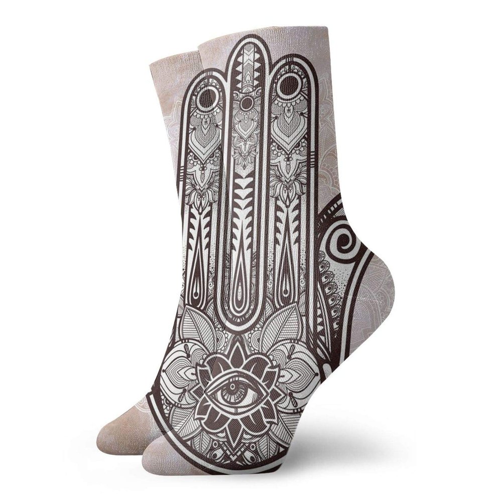 Hamsa Fashion Compression Socks,Eastern Asian Culture Esoteric Good Luck,Performance Polyester Cushioned Athletic Crew Socks for Running,Athletic,Cinnamon Dark Brown White -12 inch