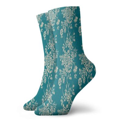 GULTMEE Leaf Funky Colorful Cushion Sport Socks,Romantic Roses On Blossoming Branches In,Athletic Cushioned Running Performance Crew Socks For Men/Women,Teal Beige -12 inch
