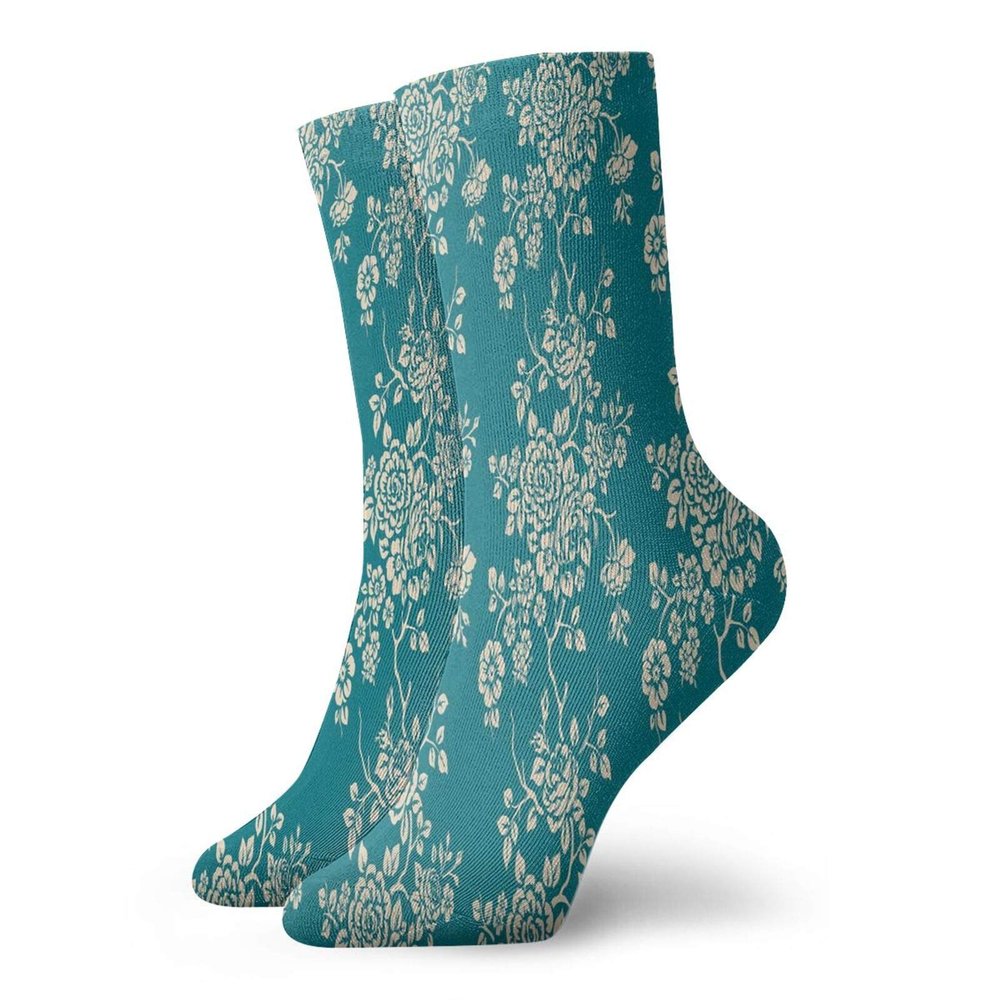 GULTMEE Leaf Funky Colorful Cushion Sport Socks,Romantic Roses On Blossoming Branches In,Athletic Cushioned Running Performance Crew Socks For Men/Women,Teal Beige -12 inch