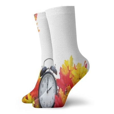 GULTMEE Funny Compression Socks Women and Men,Autumnal Leaves And An Alarm Clock Fall Season Theme Romantic Digital Print,Best for Circulation,Running,Athletic,Nurse,Travel, -12 inch