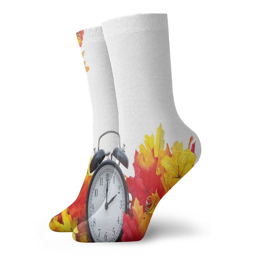 GULTMEE Funny Compression Socks Women and Men,Autumnal Leaves And An Alarm Clock Fall Season Theme Romantic Digital Print,Best for Circulation,Running,Athletic,Nurse,Travel, -12 inch