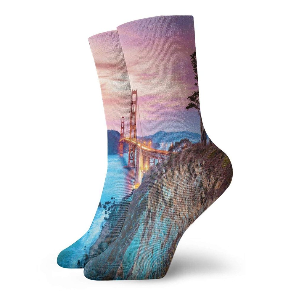 GULTMEE Funny Compression Socks Women and Men,Photo Of Golden Gate Bridge By Mountains Lonely Tree Fascination Usa Photo,Best for Circulation,Running,Athletic,Nurse,Travel, -12 inch