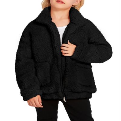 Arshiner Girls Warm Fleece Jacket Faux Winter Shearling Chunky Coat With Pockets Black 4-5