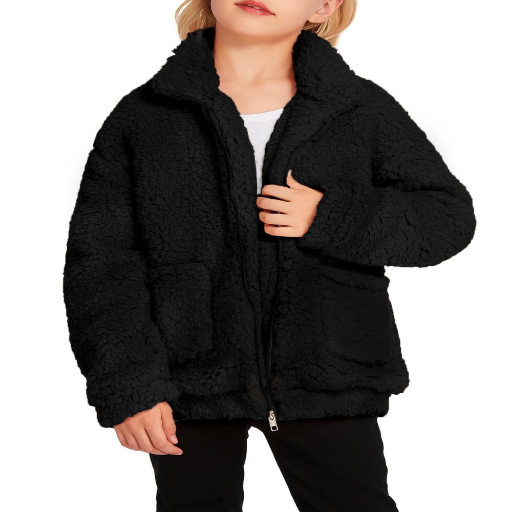 Arshiner Girls Warm Fleece Jacket Faux Winter Shearling Chunky Coat With Pockets Black 4-5