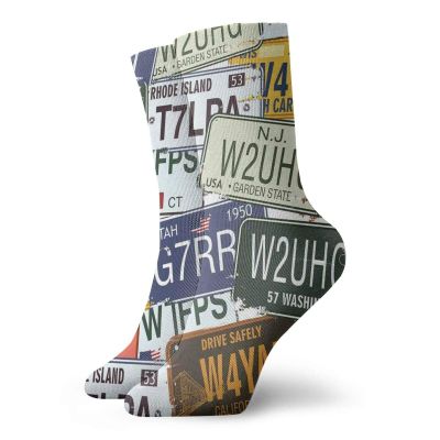 GULTMEE Vintage Funky Colorful Cushion Sport Socks,Original Retro Style License Plates Personalized,Athletic Cushioned Running Performance Crew Socks For Men/Women,Green Blue Yellow -12 inch