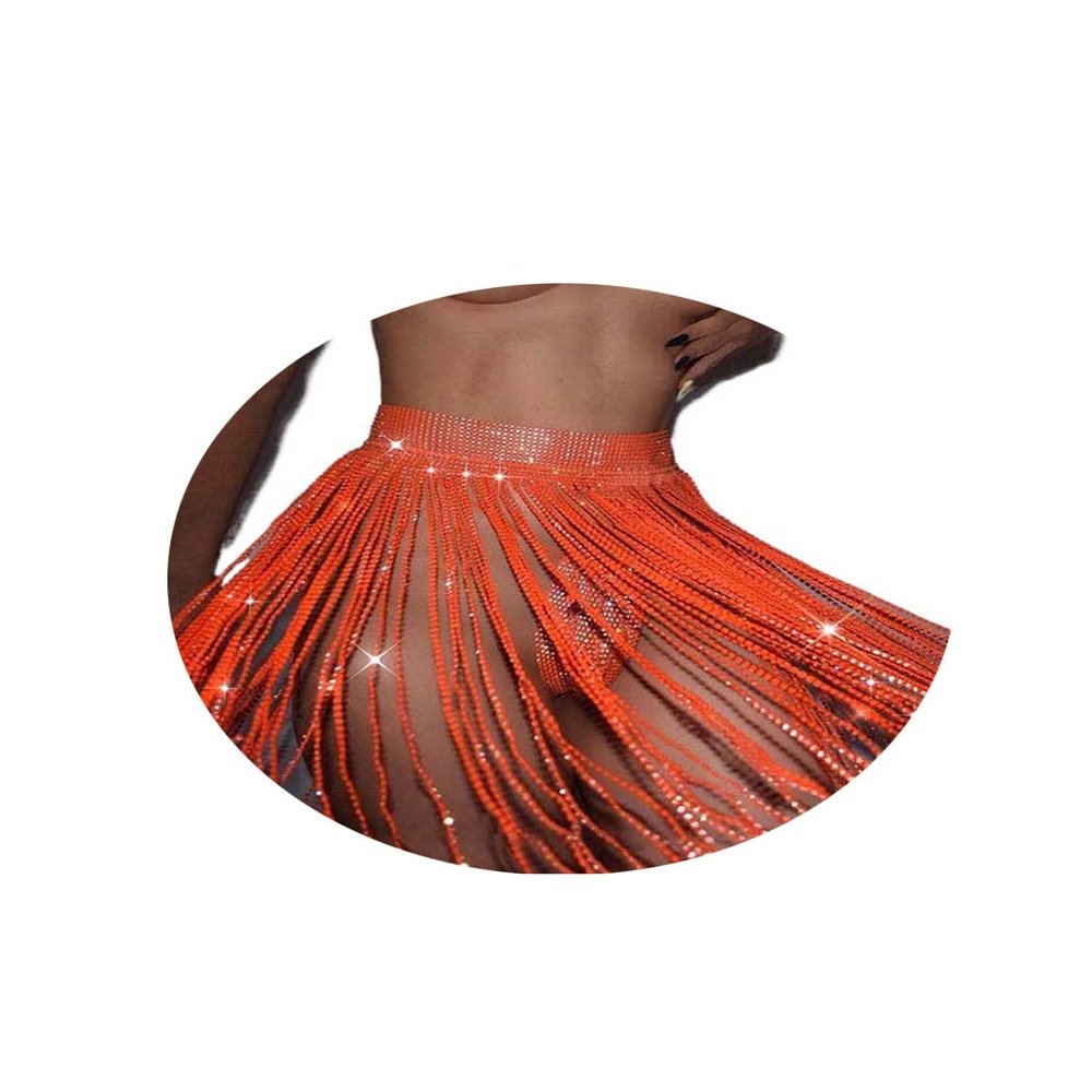 Yokawe Glitter Crystal Skirt Rhinestone Tassel Dance Nightclub Hip Chain Beach Party Rave Jewelry Accessories for Women and Girls (Orange)