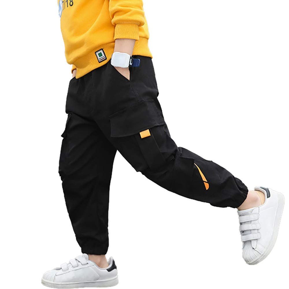 Rolanko Boys' Cargo Pants Casual Kids Joggers Elastic Waist Outdoor Hiking Baggy Trousers 4-14 Years (Black, 8-10)