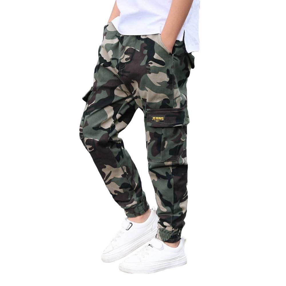 Rolanko Boys' Cargo Pants Casual Kids Joggers Elastic Waist Outdoor Hiking Baggy Trousers 4-14 Years (Camouflage, 14-16)