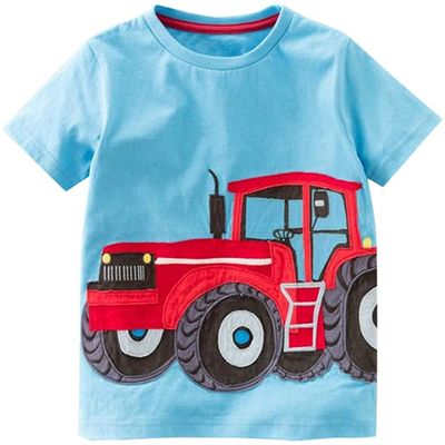 2-8Y Toddler Kids Baby Boys Summer T-Shirt Cotton Short Sleeve Blouse Basketball Soccer Funny Print Tops Clothes (Light Blue Tractor, 3T)