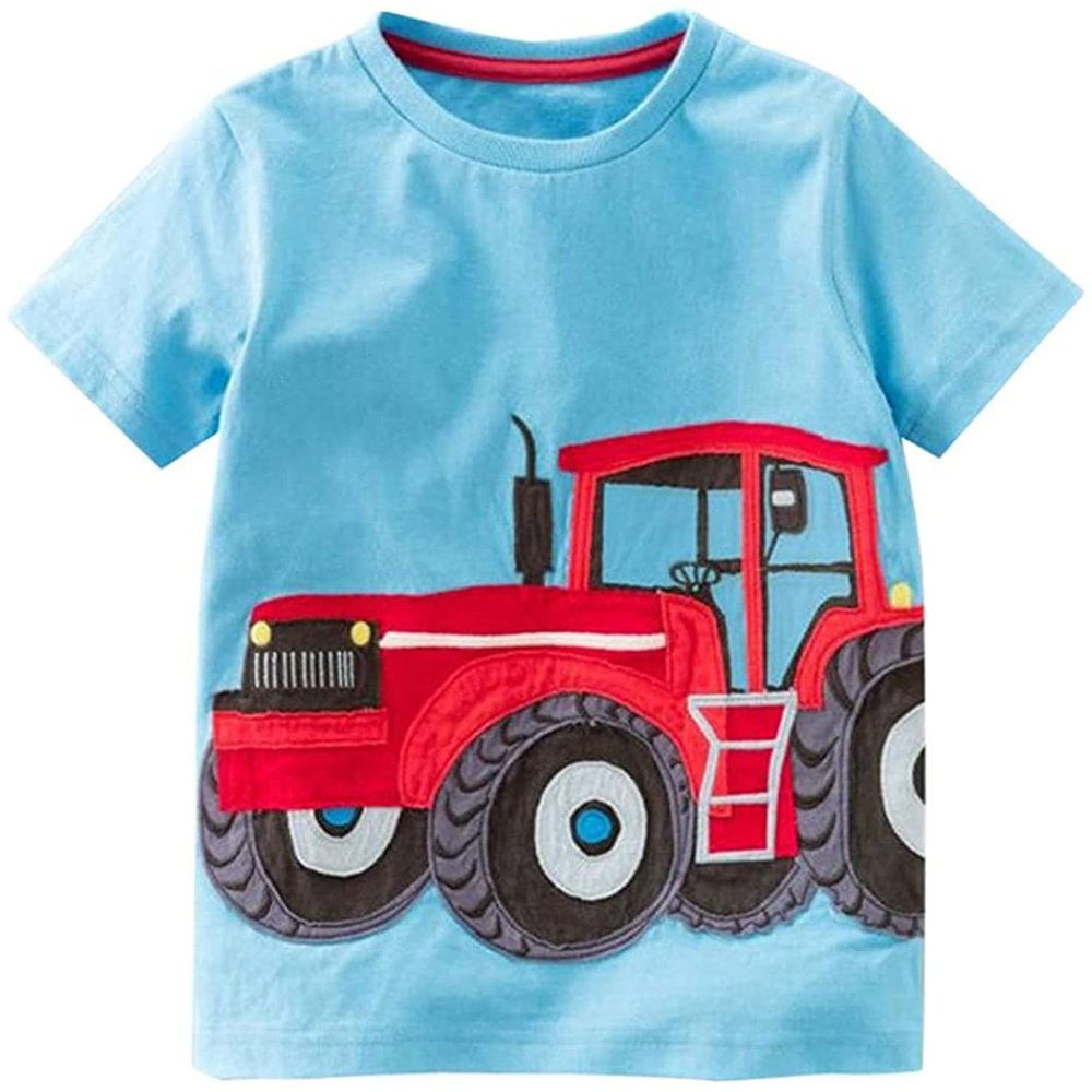2-8Y Toddler Kids Baby Boys Summer T-Shirt Cotton Short Sleeve Blouse Basketball Soccer Funny Print Tops Clothes (Light Blue Tractor, 24m)