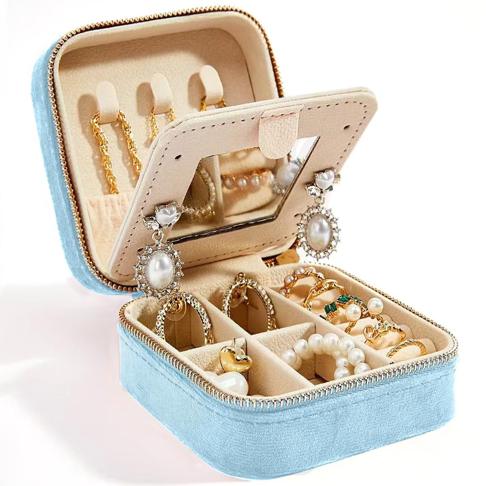 Smileshe Travel Jewelry Box with Mirror, Velvet Mini Case for Women Girls, Small Portable Gifts Organizer Boxes for Rings, Earrings, Necklaces, Bracelets