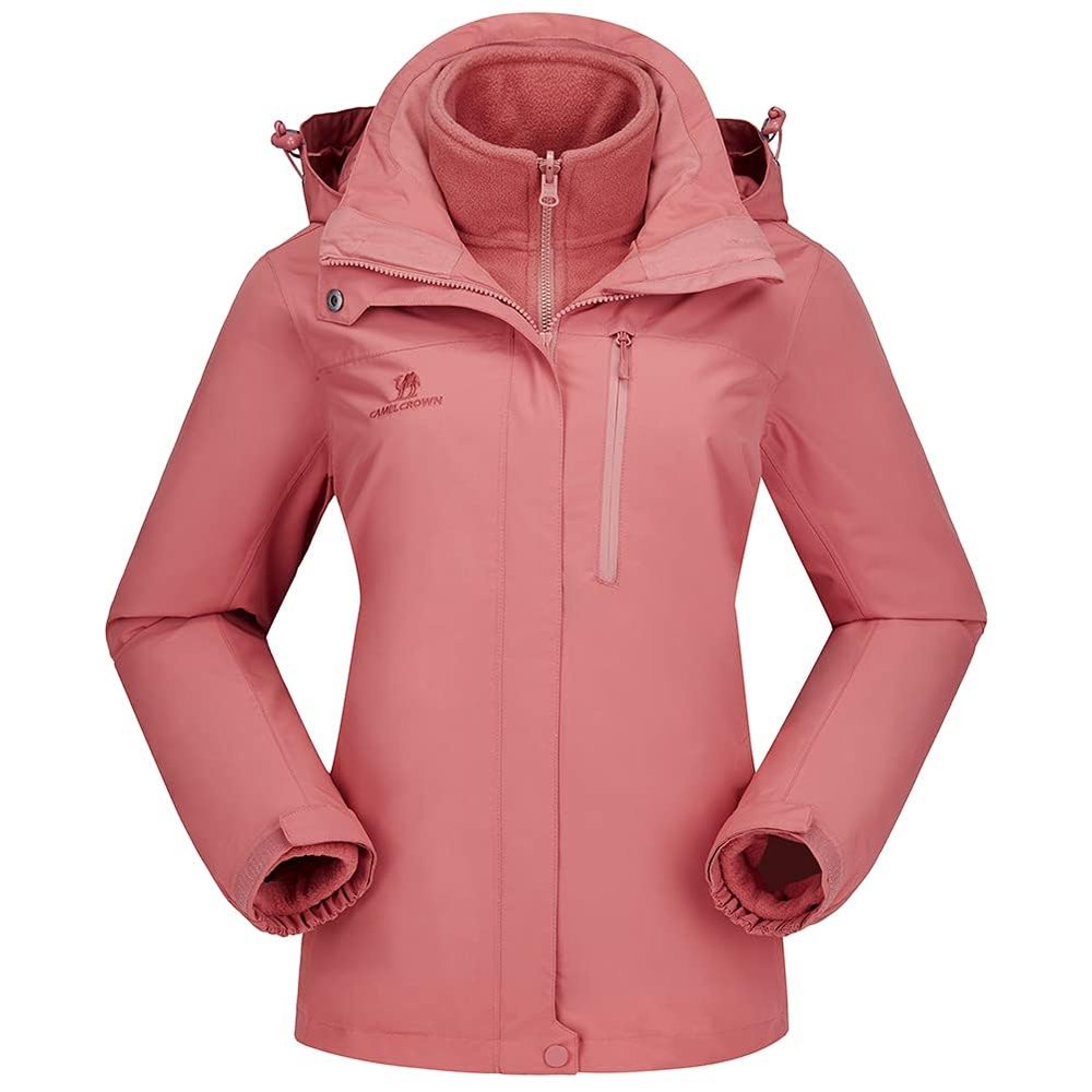 CAMEL CROWN Women's Waterproof Ski Jacket 3 in 1 Winter Coat Windbreaker Snowboard Jackets for Rain Snow Outdoor Hiking Pink XL