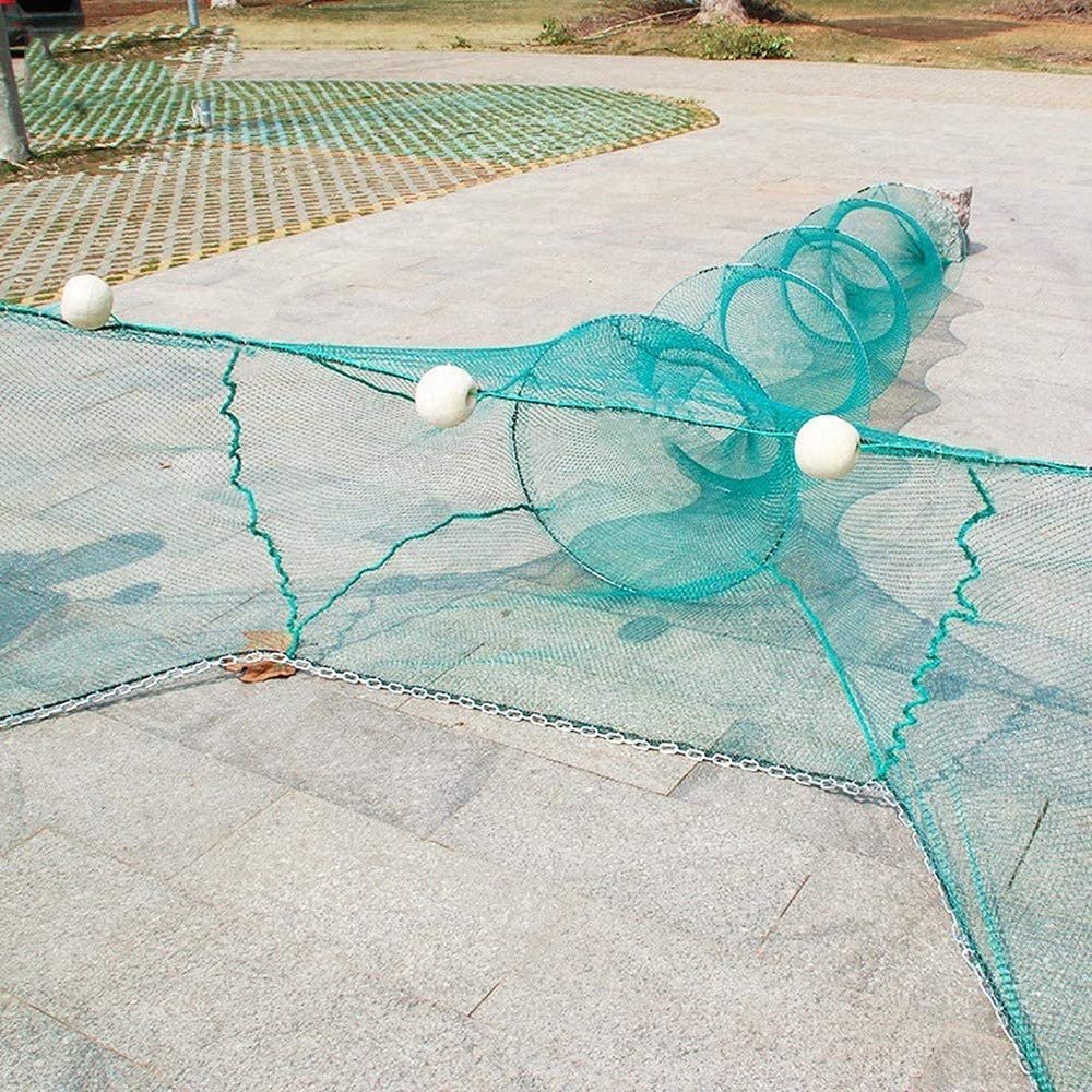 Lawaia Folding Crayfish Trap Net 10M Green Nylon Mesh Fishing Cage with Iron Chain Floats