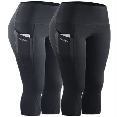 NELEUS 2 Pack Tummy Control High Waist Workout Yoga Capri Leggings Yoga Pants,9027,Black,Grey,L,EU XL