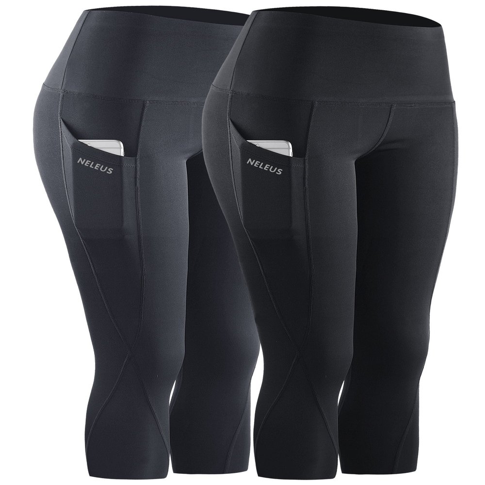 NELEUS 2 Pack Tummy Control High Waist Workout Yoga Capri Leggings Yoga Pants,9027,Black,Grey,L,EU XL