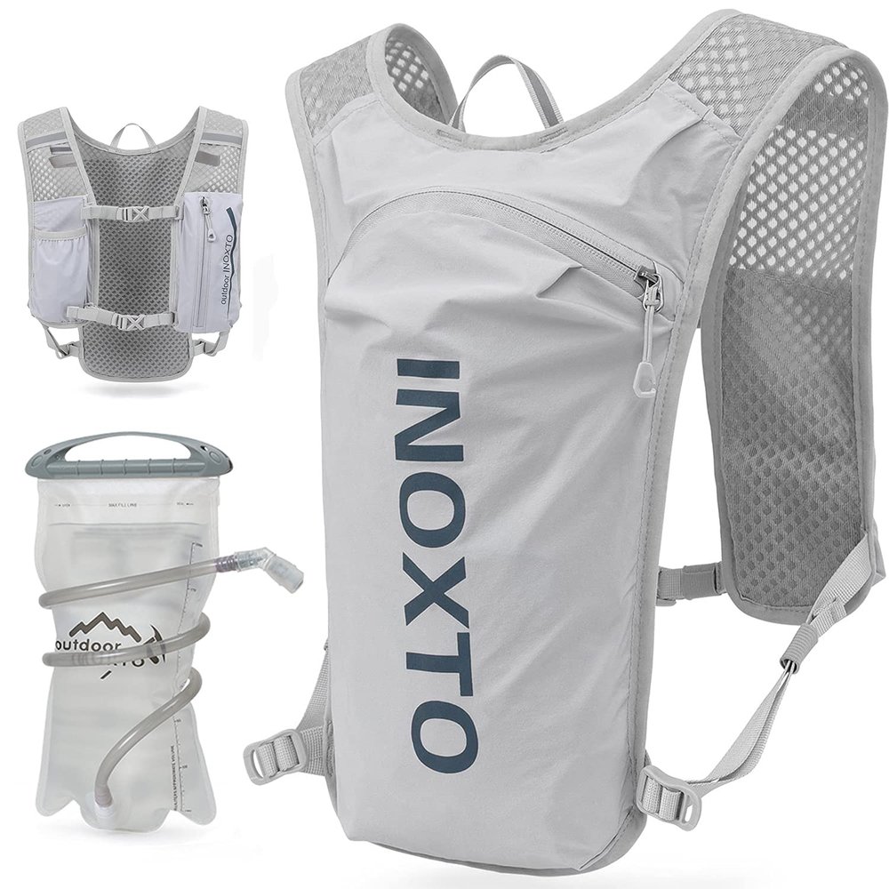 INOXTO Running Hydration Vest Backpack,Lightweight Insulated Pack with 1.5L Water Bladder Bag Daypack for Hiking Trail Running Cycling Race Marathon for Women Men (Light Gray)
