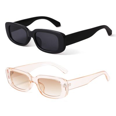 BUTABY Rectangle Sunglasses for Women Retro Driving Glasses 90s Vintage Fashion Narrow Square Frame UV400 Protection Black & Champagne
