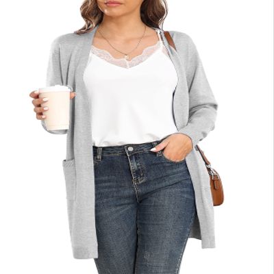 VIISHOW Women's Open Front Casual Knit Long Sleeve Sweater Classic Cover up Cardigan with Pockets, Light gray, XX-Large