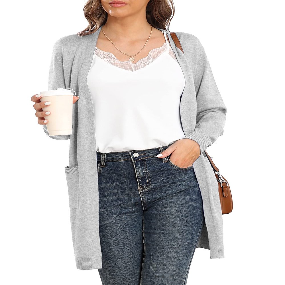 VIISHOW Women's Open Front Casual Knit Long Sleeve Sweater Classic Cover up Cardigan with Pockets, Light gray, XX-Large