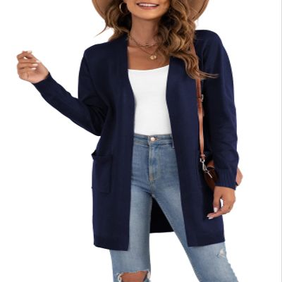 VIISHOW Women's Classic Draped Kimono Cardigans Long Sleeve Open Front Casual Knit Sweaters Coat Soft Outwear, Navy Blue, XX-Large