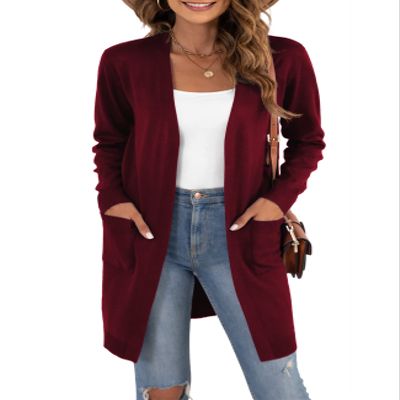 VIISHOW Cardigans for Women Loose Casual Long Sleeve Open Front Breathable Cardigans with Pockets, Wine red, Large