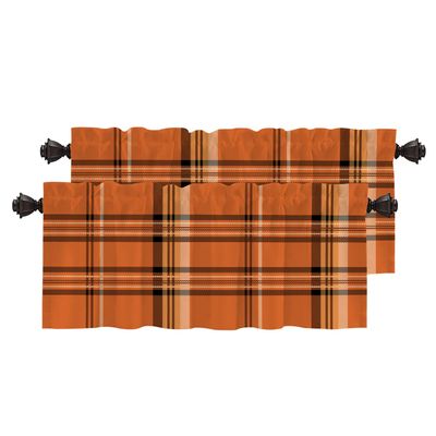 BaoNews Orange Brown Retro Gingham Kitchen Valances for Windows,Geometric Gingham Blackout Valances Curtains Multilayer Polyester Drapes for Kitchen Bedroom 2 Pack 52X18 Inches