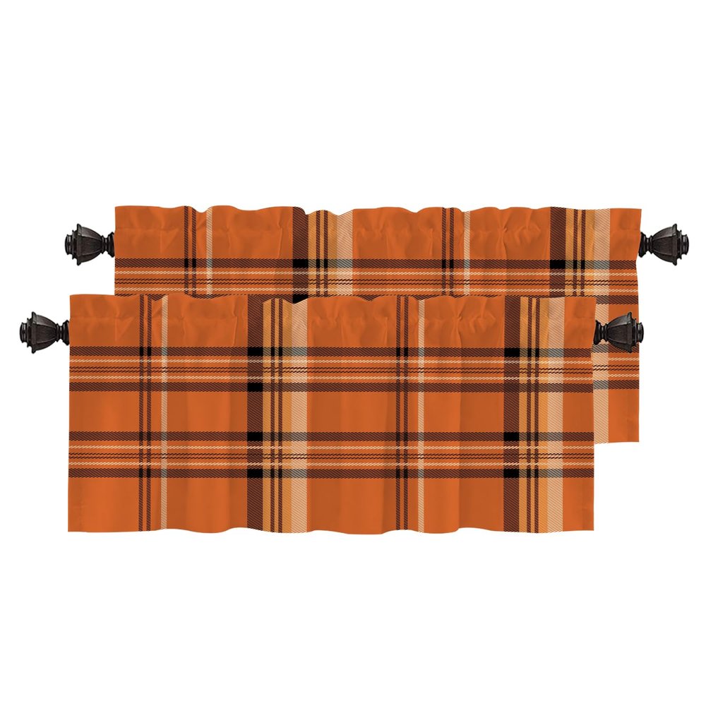 BaoNews Orange Brown Retro Gingham Kitchen Valances for Windows,Geometric Gingham Blackout Valances Curtains Multilayer Polyester Drapes for Kitchen Bedroom 2 Pack 52X18 Inches