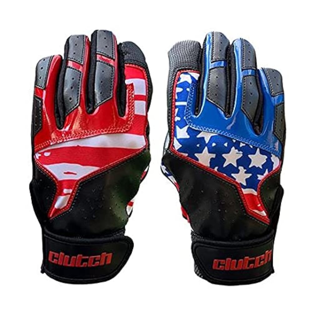 Clutch Sports Apparel Pro Series Cabretta Leather Batting Gloves, Padded & Stylish, Comfortable Grip & Finger Fit for Baseball & Softball Players, for Adults & Youth (Black American Flag, X-Large)