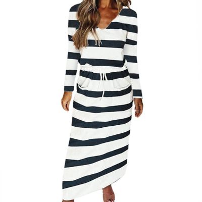 GTHTTT Women's Autumn&Winter Long Sleeve Striped V Neck Casual Waist Drawstring Daily Long Maxi Dress with Pockets,Black,Small