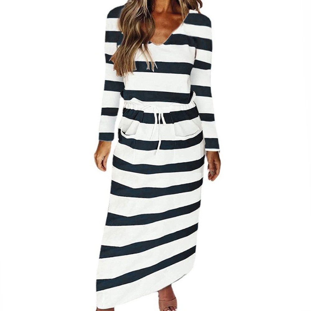GTHTTT Women's Autumn&Winter Long Sleeve Striped V Neck Casual Waist Drawstring Daily Long Maxi Dress with Pockets,Black,Small