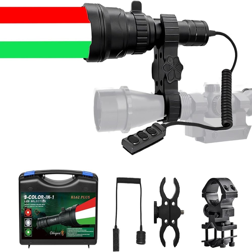 Odepro KL62Plus Tri-Color (Red, White, Green) Zoomable Night Hunting Light Kit Scope Mount Flashlight with Stepless Dimming Pressure Switch for Hog Coyote Bobcat Fox Varmint Predator Hunting