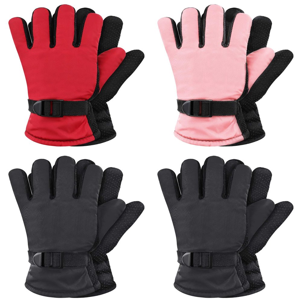 Hicarer 4 Pairs Winter Gloves for Kids Waterproof Snow Ski Gloves Girls Boys Warm Unisex Youth Clothes for Cold Weather(Red, Pink, Black,10-15 Years Old)