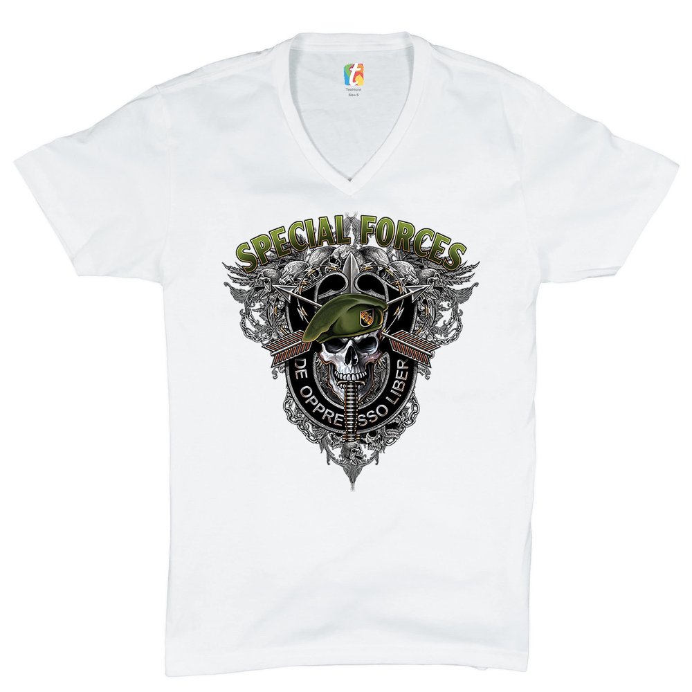 Special Forces De Oppresso Liber V-Neck T-Shirt US Military Green Berets Tee White Small