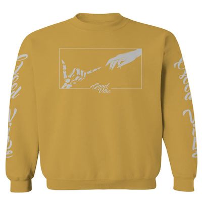 0395. Cool Vintage Aesthetic Graphic Good Vibe Bones Hand Shaka Michelangelo Art Hip hop Society Men's Crewneck Sweatshirt (Gold Small)
