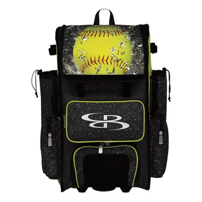 Boombah Rolling Superpack Baseball/Softball Gear Bag - Telescopic Handle - Holds 4 Bats - Wheeled Version - Softball Highlight Black/Optic Yellow/Red
