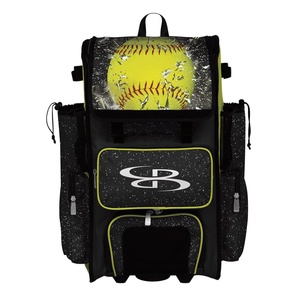 Boombah Rolling Superpack Baseball/Softball Gear Bag - Telescopic Handle - Holds 4 Bats - Wheeled Version - Softball Highlight Black/Optic Yellow/Red
