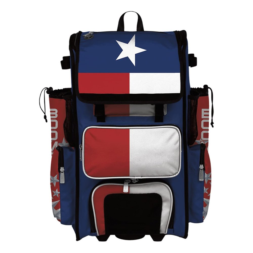 Boombah Rolling Superpack 2.0 Baseball/Softball Gear Bag - 23-1/2" x 13-1/2" x 9-1/2" - Texas Royal Blue/Red/White - Telescopic Handle - Holds 4 Bats - Wheeled Version