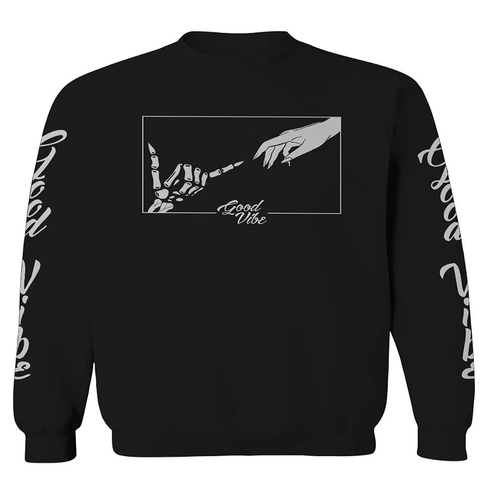 0395. Cool Vintage Aesthetic Graphic Good Vibe Bones Hand Shaka Michelangelo Art Hip hop Society Men's Crewneck Sweatshirt (Black Small)