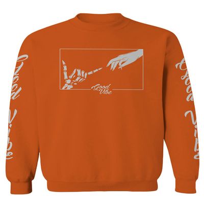 0395. Cool Vintage Aesthetic Graphic Good Vibe Bones Hand Shaka Michelangelo Art Hip hop Society Men's Crewneck Sweatshirt (Orange Small)