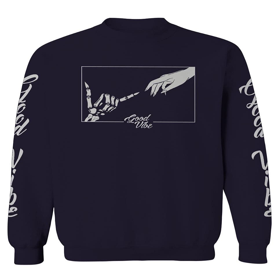 0395. Cool Vintage Aesthetic Graphic Good Vibe Bones Hand Shaka Michelangelo Art Hip hop Society Men's Crewneck Sweatshirt (Navy Small)