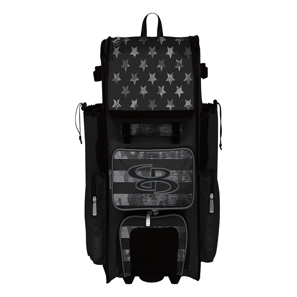 Boombah Rolling Superpack 2.0 Baseball/Softball Gear Bag - 23-1/2" x 13-1/2" x 9-1/2" - USA Honor Black Ops Black/Charcoal - Telescopic Handle - Holds 4 Bats - Wheeled Version