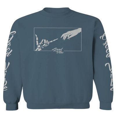 0395. Cool Vintage Aesthetic Graphic Good Vibe Bones Hand Shaka Michelangelo Art Hip hop Society Men's Crewneck Sweatshirt (Indigo Blue Small)