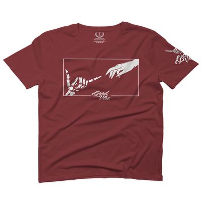 0395. Cool Vintage Aesthetic Graphic Good Vibe Bones Hand Shaka Michelangelo Art Hip hop Society for Men T Shirt (Maroon, 2X Largel)