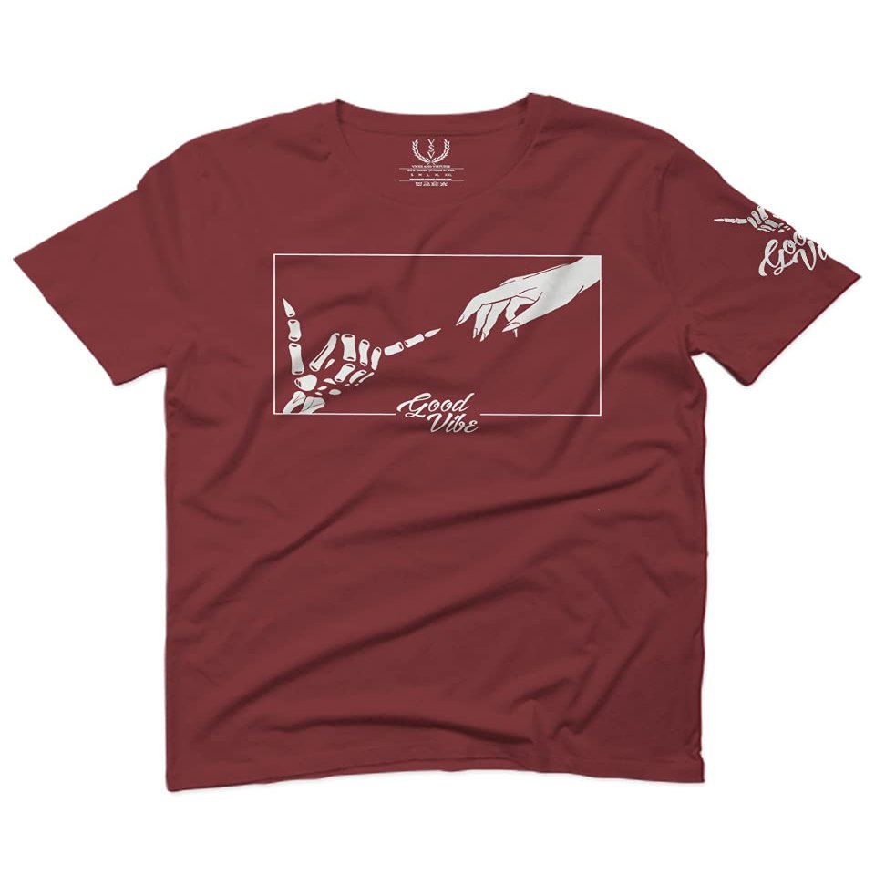 0395. Cool Vintage Aesthetic Graphic Good Vibe Bones Hand Shaka Michelangelo Art Hip hop Society for Men T Shirt (Maroon, 2X Largel)