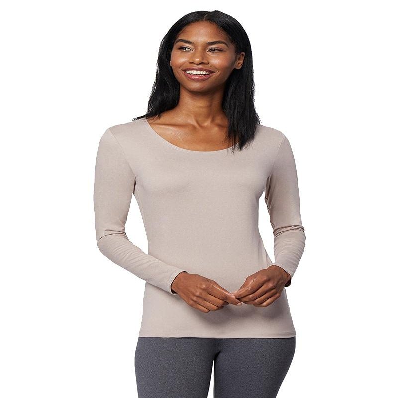 32 Degrees Heat Womens Ultra Soft Thermal Lightweight Baselayer Scoop Neck Long Sleeve Top, Sandstone Heather, Small