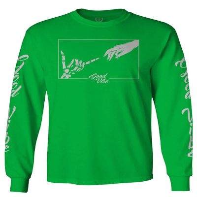 0395. Cool Vintage Aesthetic Graphic Good Vibe Bones Hand Shaka Michelangelo Art Hip hop Society Men's Long Sleeve t Shirt (Irish Green Large)