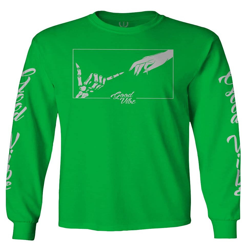 0395. Cool Vintage Aesthetic Graphic Good Vibe Bones Hand Shaka Michelangelo Art Hip hop Society Men's Long Sleeve t Shirt (Irish Green Large)