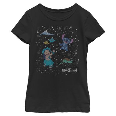 Disney CONSTELATION LILO Stitch Girl's Solid Crew Tee, Black, X-Small