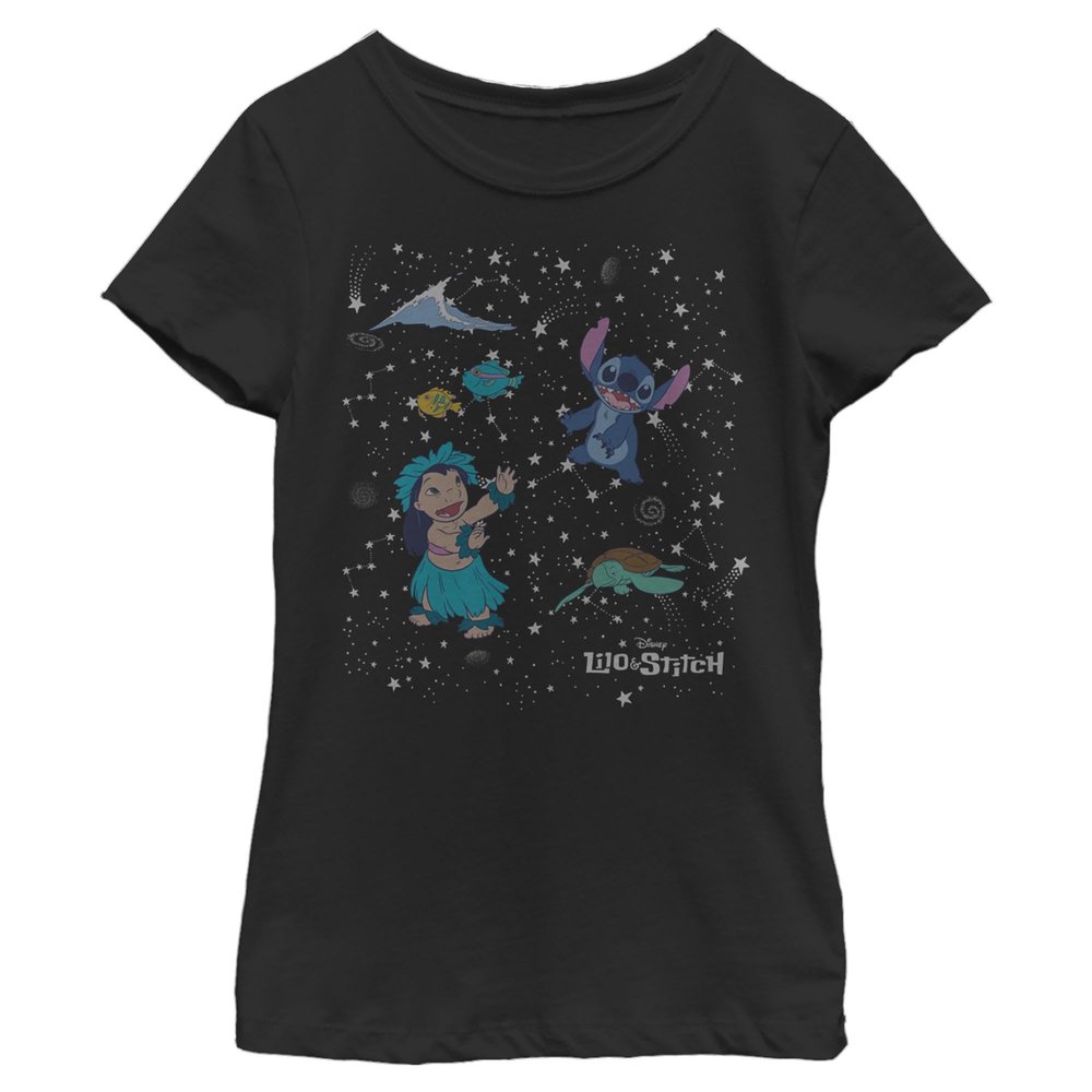 Disney CONSTELATION LILO Stitch Girl's Solid Crew Tee, Black, X-Small